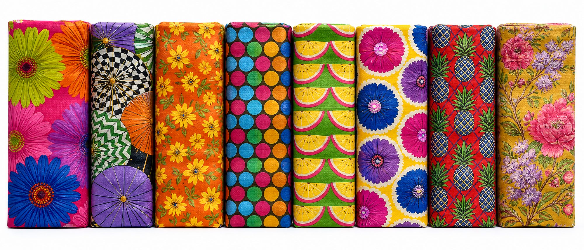 Eight folded fat quarters of Kaffe Fassett Collective August 2026 cotton standing side by side, each a different print