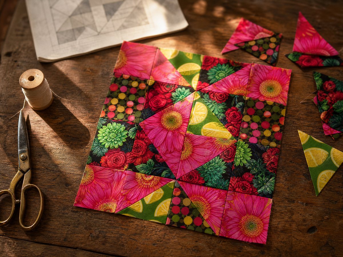 A partly pieced quilt block cut from Kaffe Fassett Collective August 2026 prints on a wooden worktable